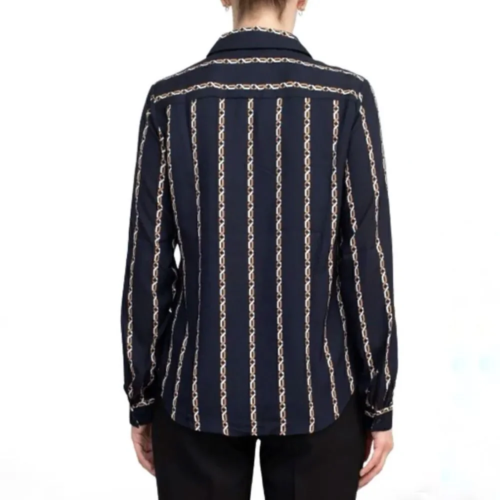 Carmen Marc Valvo Button Up Long Sleeve Chain Link Print Blouse Top - Picture 3 of 5